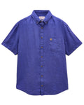 Blue coloured Joules Mens Pure Linen Short Sleeve Classic Fit Shirt on white background #colour_blue