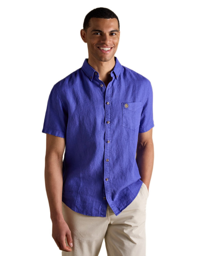 Blue coloured Joules Mens Pure Linen Short Sleeve Classic Fit Shirt on white background #colour_blue