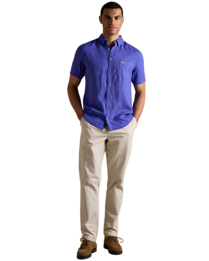 Blue coloured Joules Mens Pure Linen Short Sleeve Classic Fit Shirt on white background #colour_blue