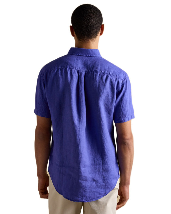 Blue coloured Joules Mens Pure Linen Short Sleeve Classic Fit Shirt on white background #colour_blue