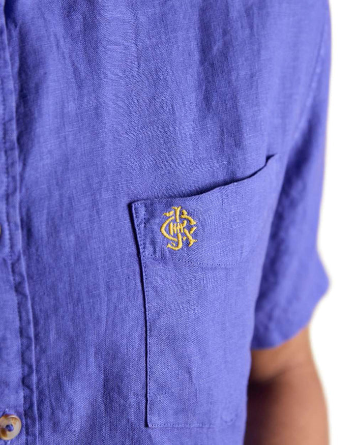 Blue coloured Joules Mens Pure Linen Short Sleeve Classic Fit Shirt on white background #colour_blue