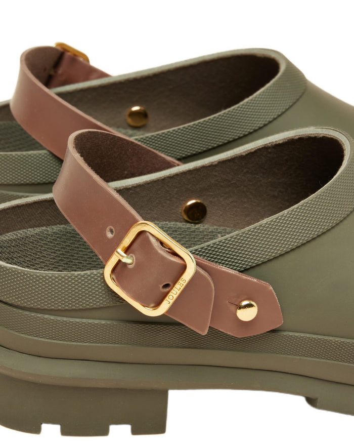 Khaki Green coloured Joules Womens Elbridge Welly Clogs on white background #colour_khaki-green