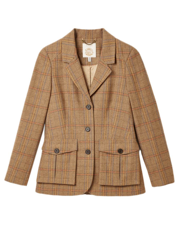 Brown Check Coloured Joules Womens Foxley Tweed Suit Blazer on white background #colour_brown-check