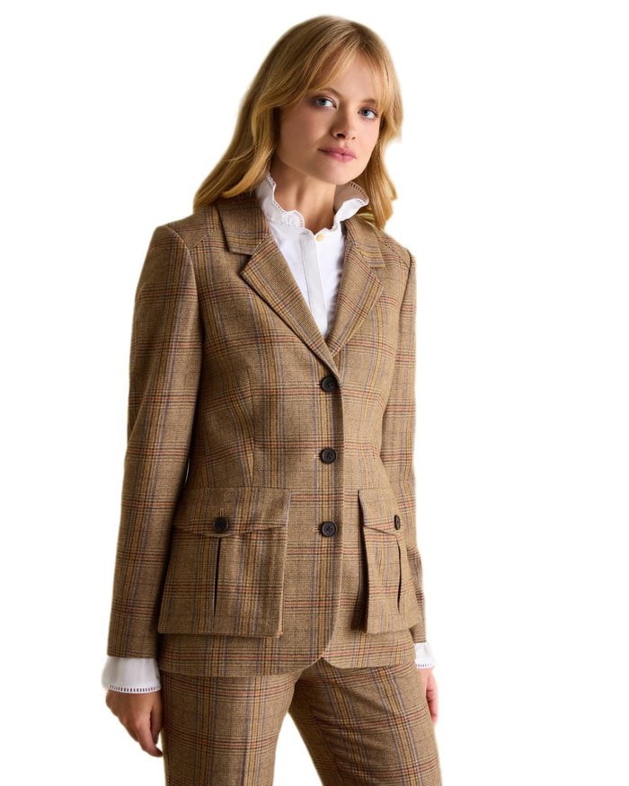 Brown Check Coloured Joules Womens Foxley Tweed Suit Blazer on white background #colour_brown-check