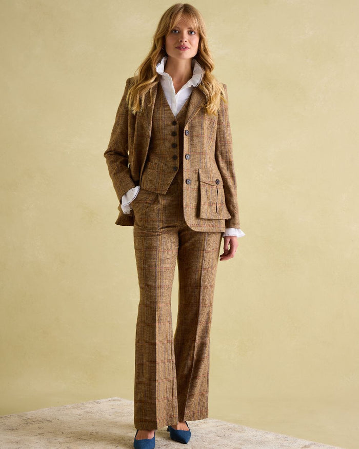 Brown Check Coloured Joules Womens Foxley Tweed Suit Blazer on indoor background #colour_brown-check