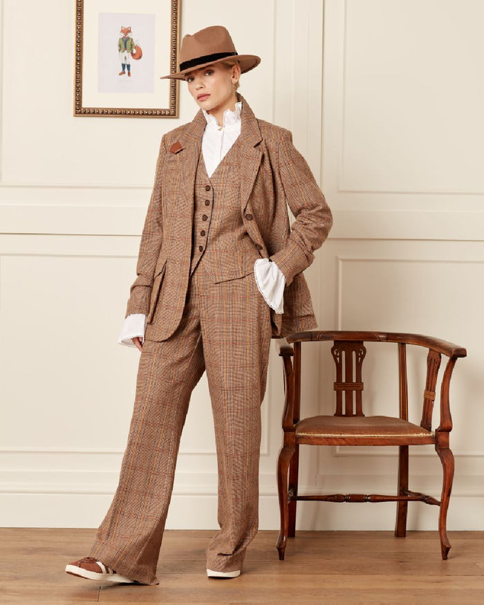 Brown Check Coloured Joules Womens Foxley Tweed Suit Blazer on indoor background #colour_brown-check