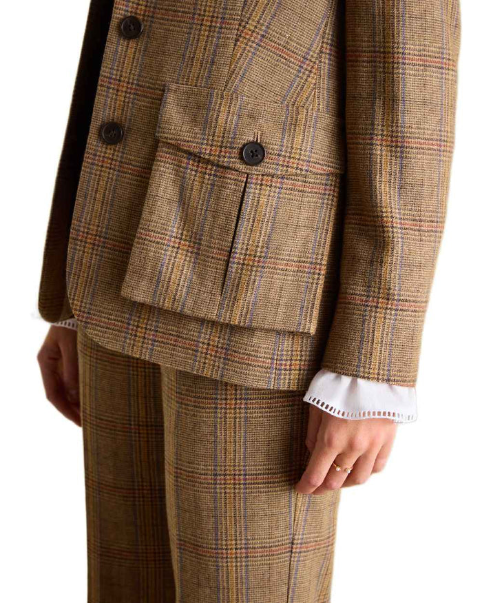 Brown Check Coloured Joules Womens Foxley Tweed Suit Blazer on white background #colour_brown-check