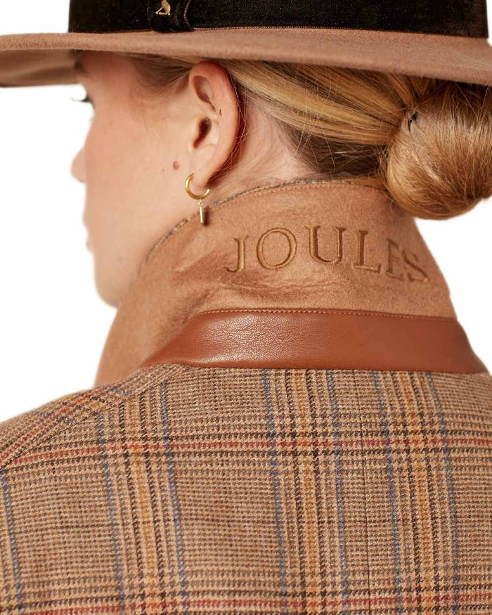 Brown Check Coloured Joules Womens Foxley Tweed Suit Blazer on white background #colour_brown-check