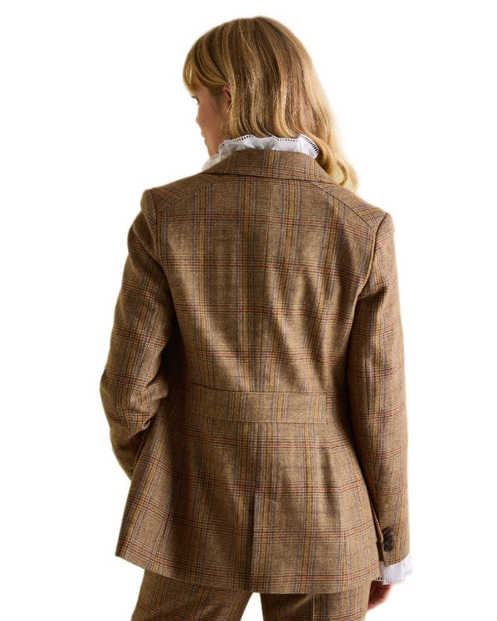 Brown Check Coloured Joules Womens Foxley Tweed Suit Blazer on white background #colour_brown-check