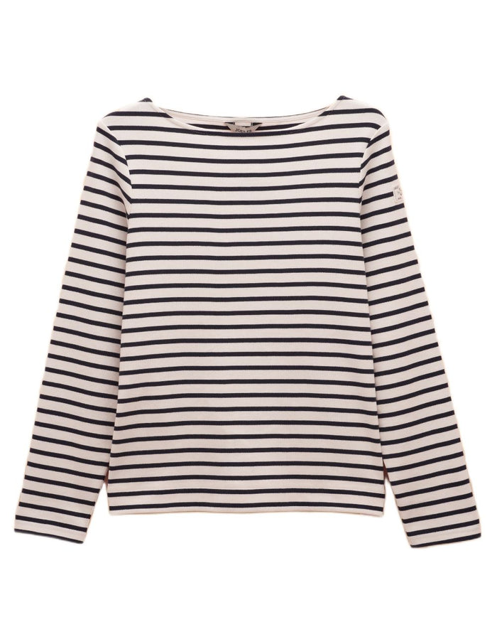 Cream Navy coloured Joules Womens Harbour Long Sleeve Striped Boat Neck Breton Top on white background #colour_cream-navy