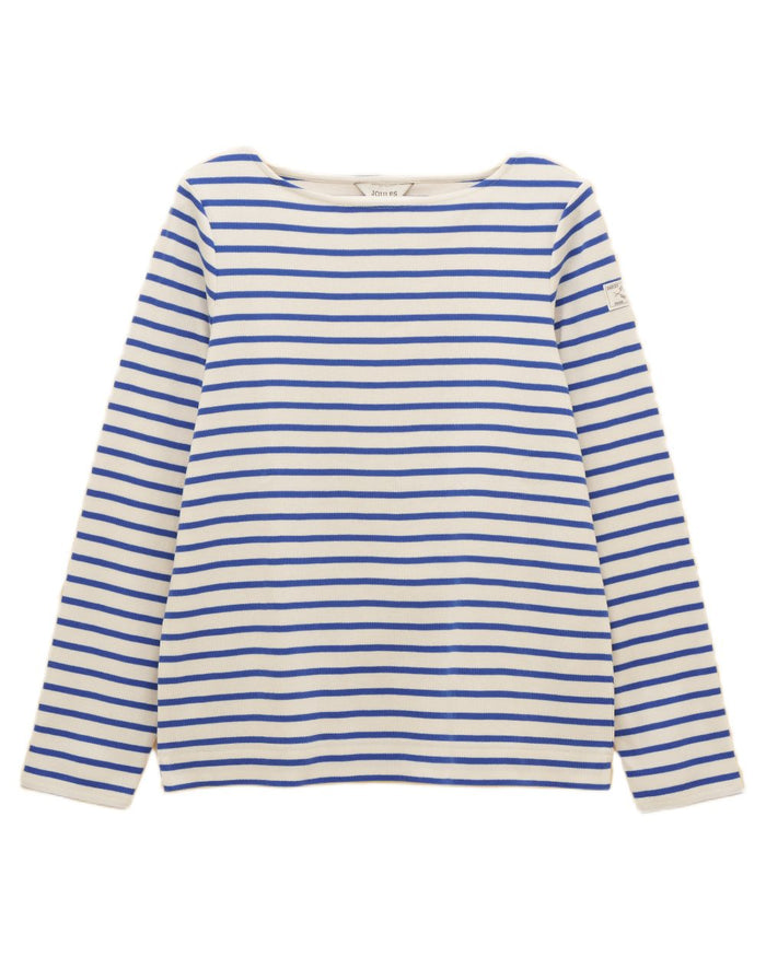 Blue Stripe coloured Joules Womens Harbour Long Sleeve Striped Boat Neck Breton Top on white background #colour_blue-stripe