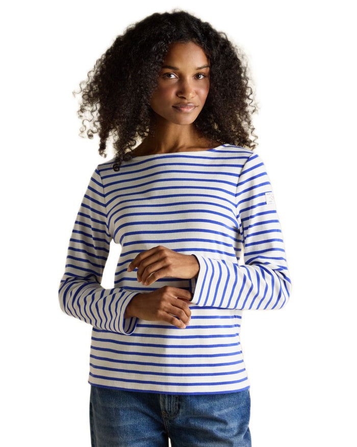 Blue Stripe coloured Joules Womens Harbour Long Sleeve Striped Boat Neck Breton Top on white background #colour_blue-stripe