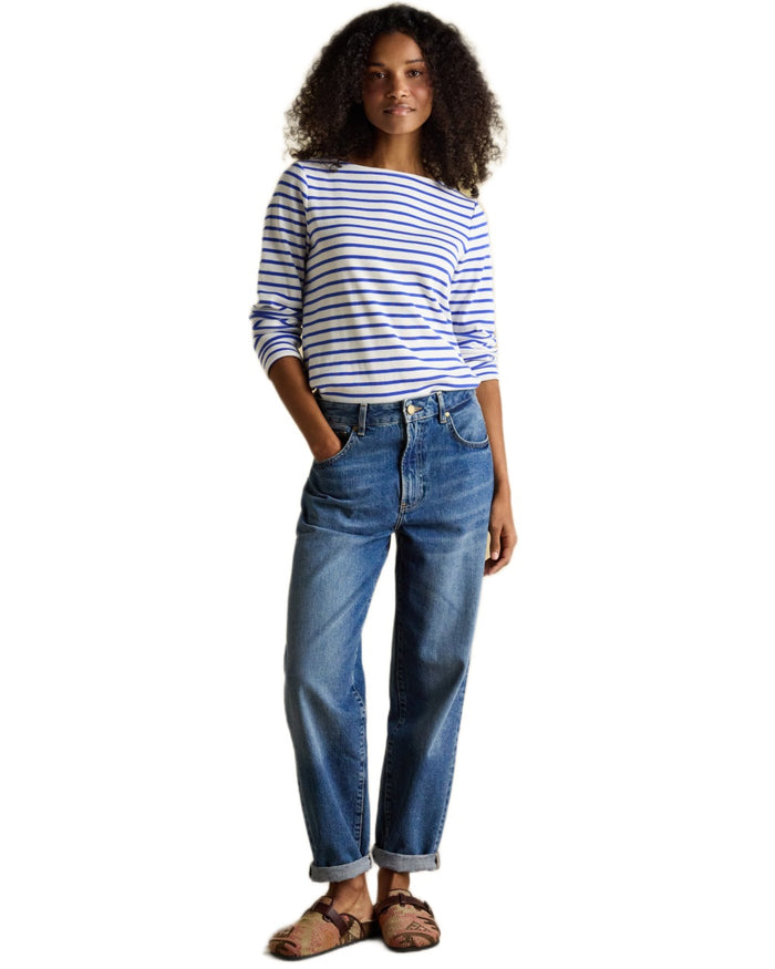 Blue Stripe coloured Joules Womens Harbour Long Sleeve Striped Boat Neck Breton Top on white background #colour_blue-stripe