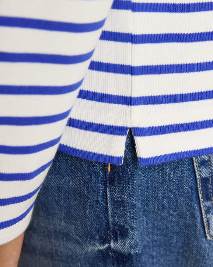Blue Stripe coloured Joules Womens Harbour Long Sleeve Striped Boat Neck Breton Top on white background #colour_blue-stripe