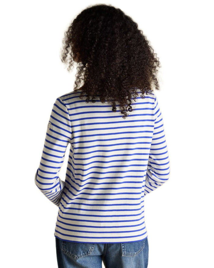 Blue Stripe coloured Joules Womens Harbour Long Sleeve Striped Boat Neck Breton Top on white background #colour_blue-stripe
