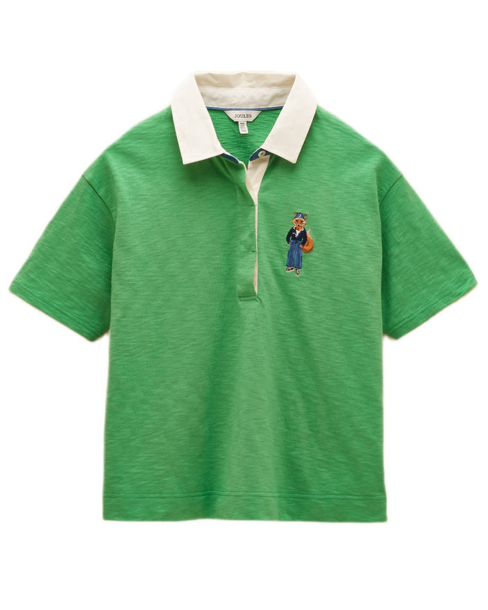 Green coloured Joules Womens Jonty Short Sleeve Cotton Rugby Shirt on white background #colour_green