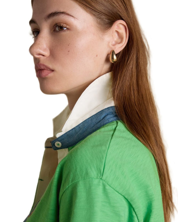 Green coloured Joules Womens Jonty Short Sleeve Cotton Rugby Shirt on white background #colour_green