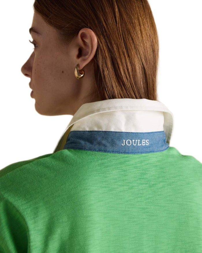 Green coloured Joules Womens Jonty Short Sleeve Cotton Rugby Shirt on white background #colour_green