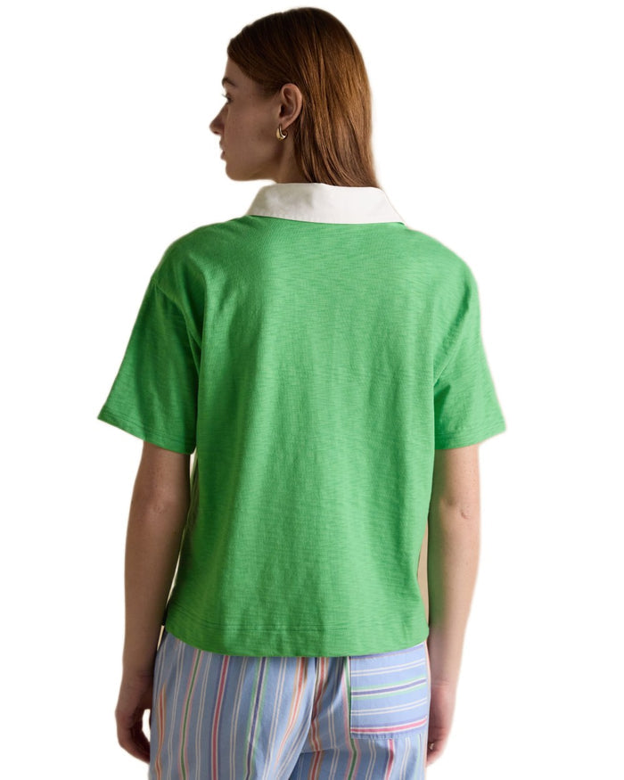 Green coloured Joules Womens Jonty Short Sleeve Cotton Rugby Shirt on white background #colour_green