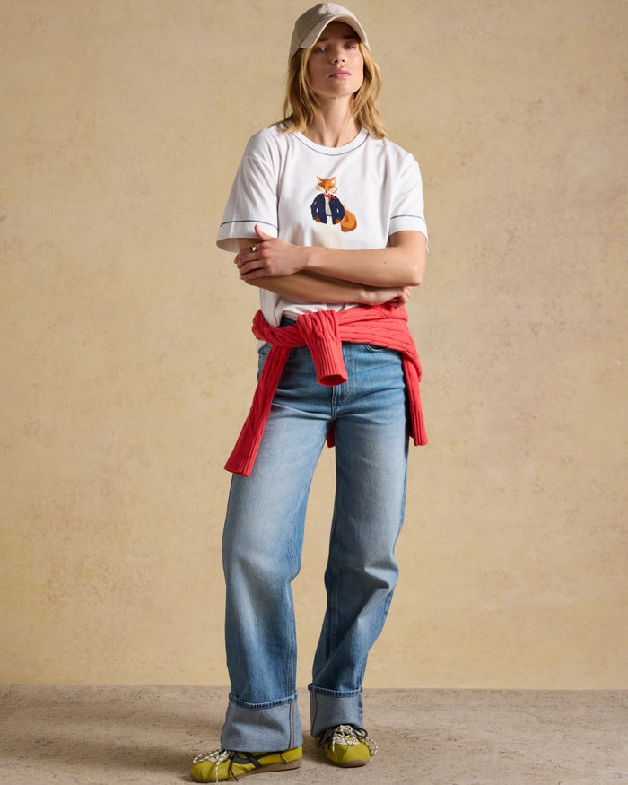 White coloured Joules Womens Jonty Graphic T-Shirt on wall background #colour_white