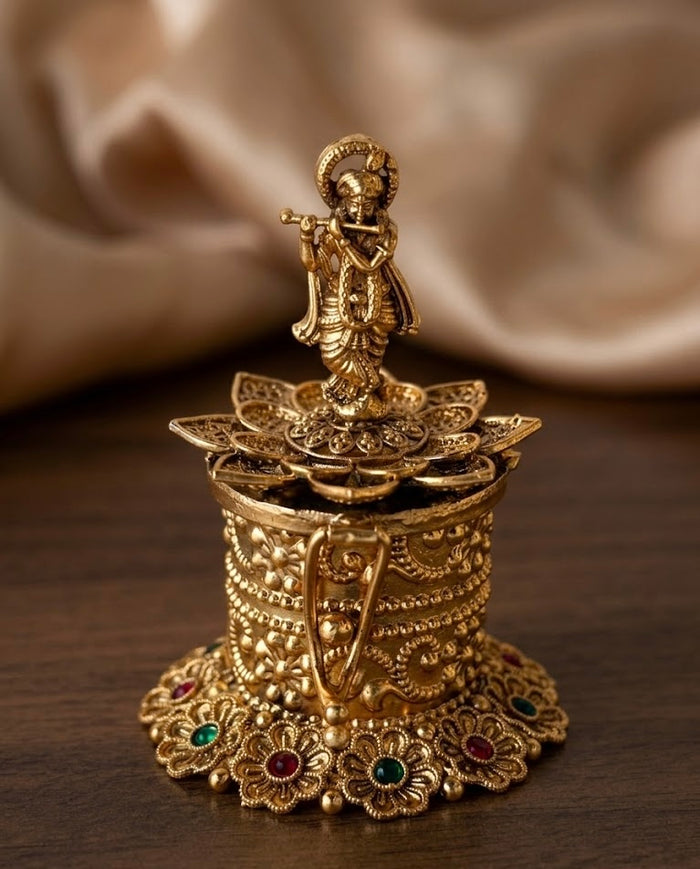 Krishna Flute On Lotus Lid Filigree Floral Cylinder Kumkum Box