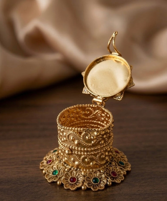 Krishna Flute On Lotus Lid Filigree Floral Cylinder Kumkum Box