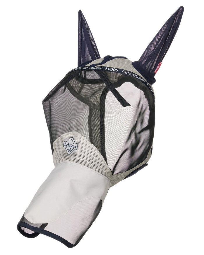 Navy coloured LeMieux Kudos AeroGuard Full Fly Mask on white background #colour_navy