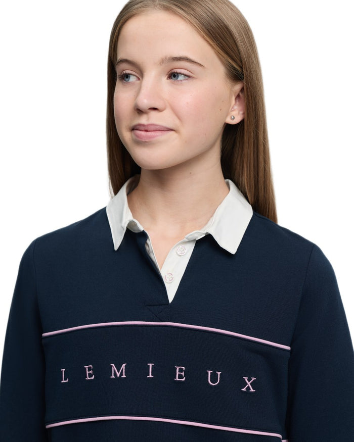 Navy coloured LeMieux Young Rider Riley Rugby Shirt on white background #colour_navy