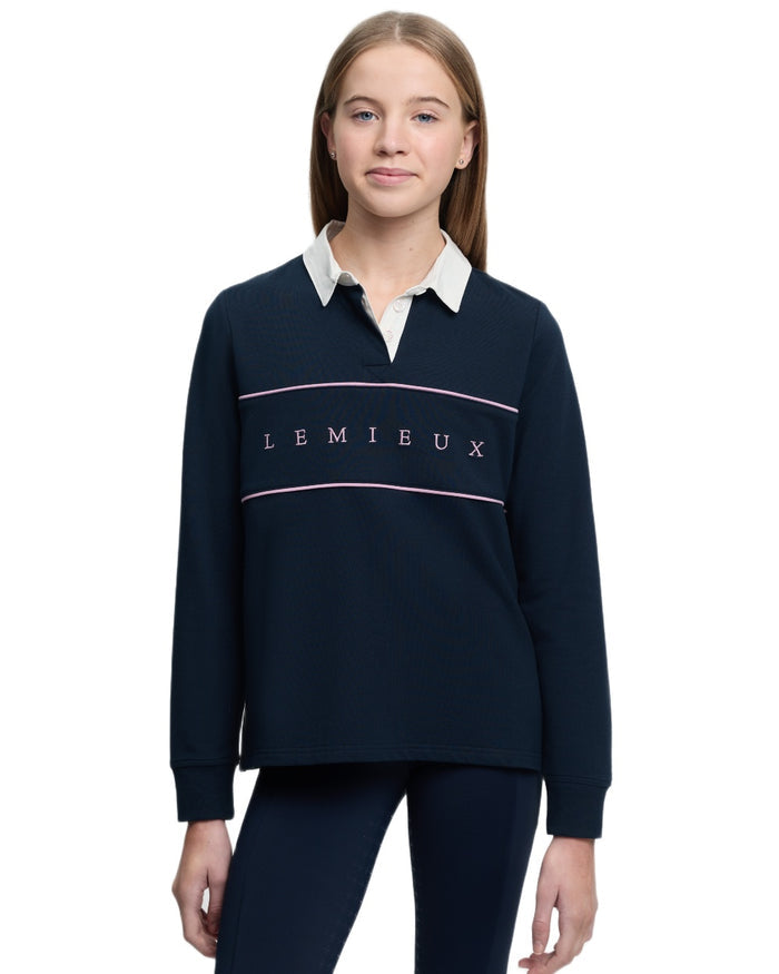 Navy coloured LeMieux Young Rider Riley Rugby Shirt on white background #colour_navy