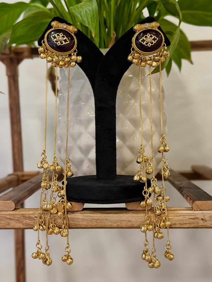 Long Oval Ghungroo Tassel Kashmiri Earrings Set