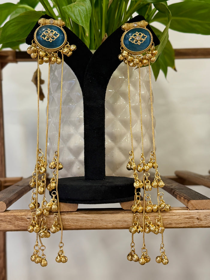 Long Oval Ghungroo Tassel Kashmiri Earrings Set