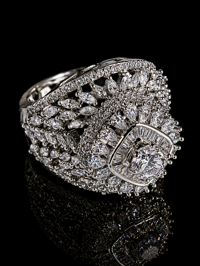 Elegant diamond ring with intricate design
