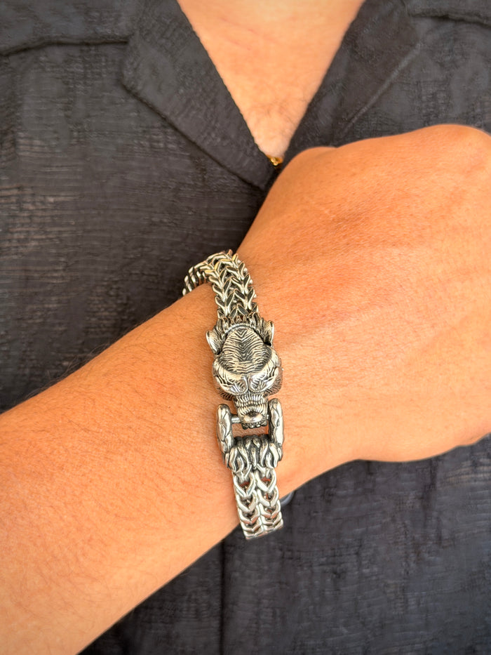 Men's Antique Silver Tiger Head Bracelet