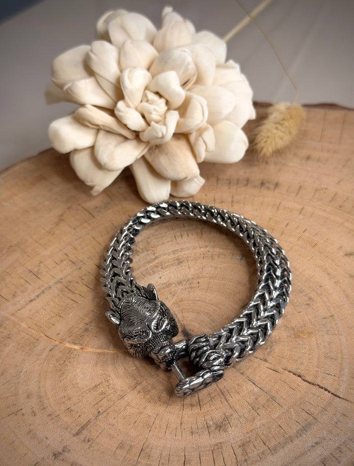 Men's Antique Silver Tiger Head Bracelet