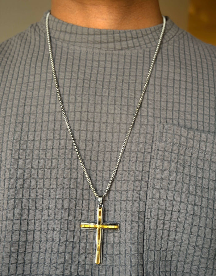 Men's Gold Cross Pendant Silver Chain