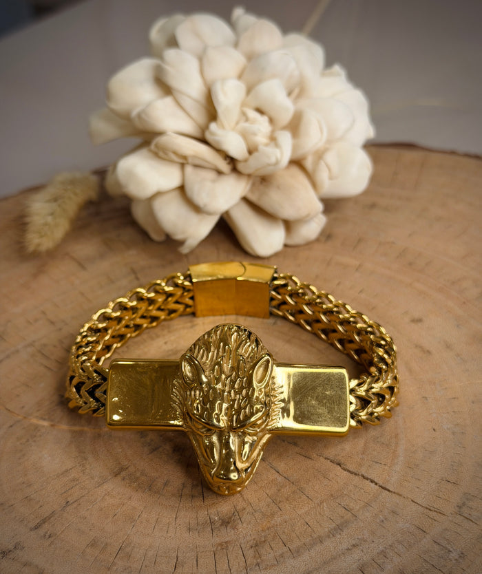 Men's Gold Wolf Head Bracelet