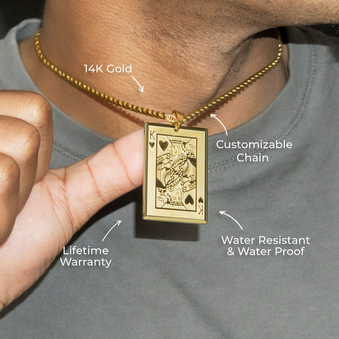 Mens Jewelry - 14K Gold King of Hearts Card Necklace | Appx. 16 Grams