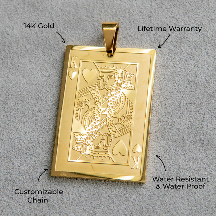 Mens Jewelry - 14K Gold King of Hearts Card Necklace | Appx. 16 Grams