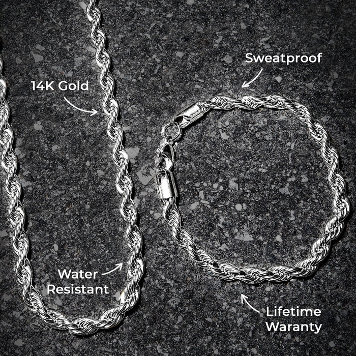 Mens Jewelry - 14K Solid White Gold Rope Chain & Bracelet ( 6 Mm )