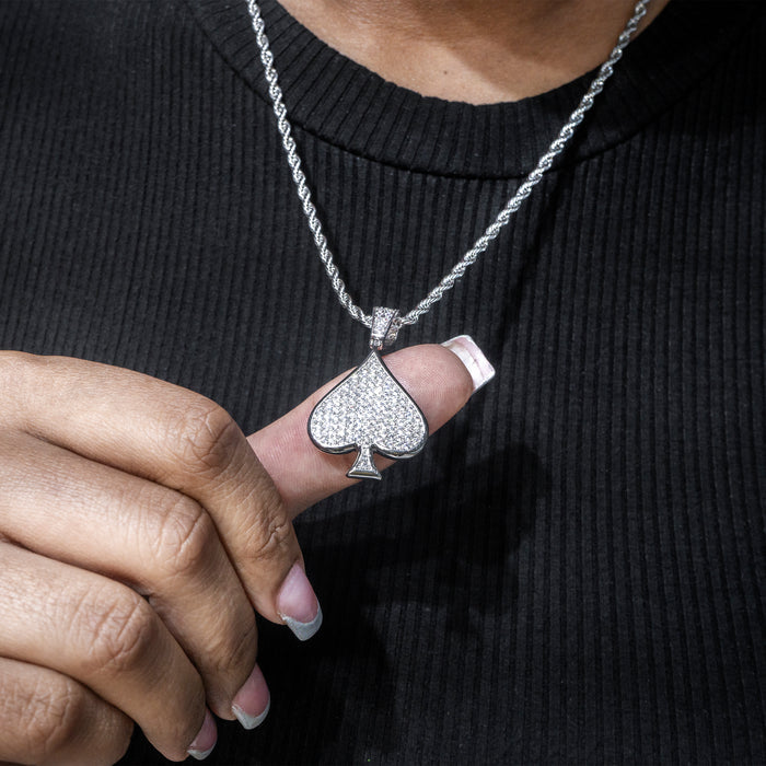 Mens Jewelry -  14K White Gold Iced Out VVS Ace of Spades Necklace | Appx. 15.9 Grams