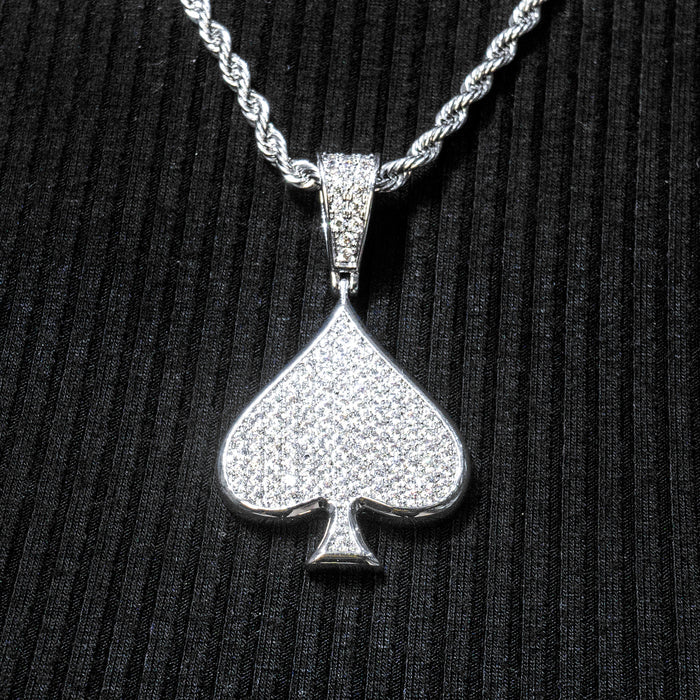 Mens Jewelry -  14K White Gold Iced Out VVS Ace of Spades Necklace | Appx. 15.9 Grams