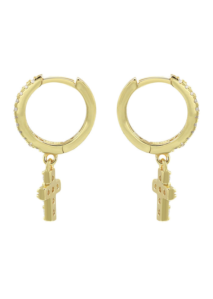 Mens Jewelry - Gold Cross Iced Out VVS Hoop Earrings for Men | Appx. 1.3 Grams