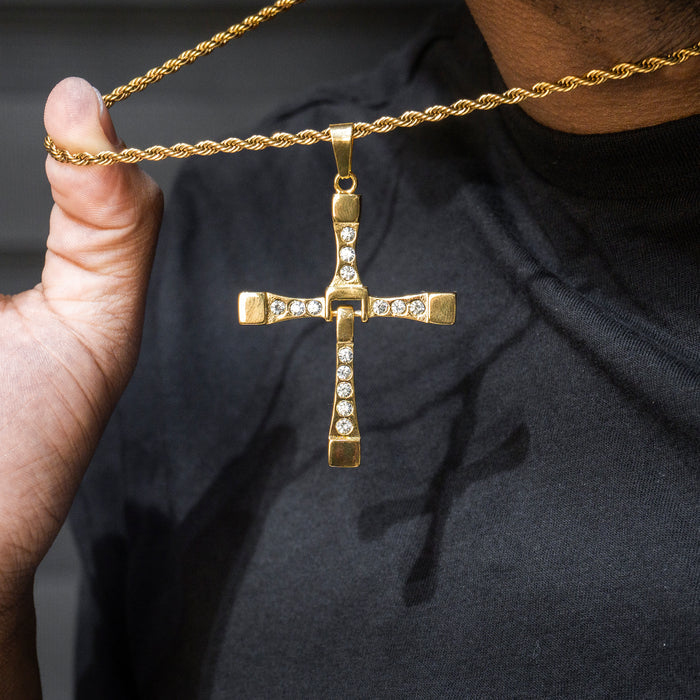 Mens Jewelry -  Gold Iced Out VVS Cross Necklace For Men | Appx. 26.7 Grams