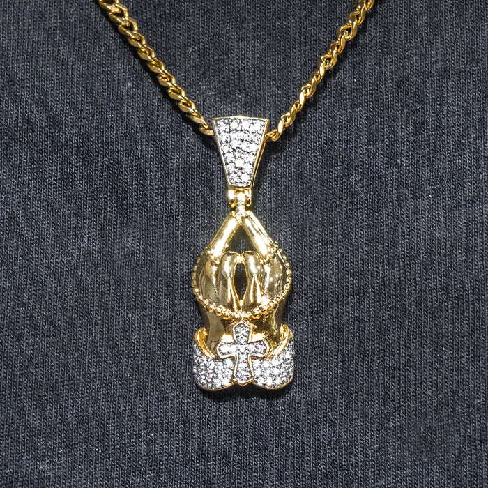 Mens Jewelry -  Gold Iced Out VVS Praying Hands Necklace | Appx. 12 Grams