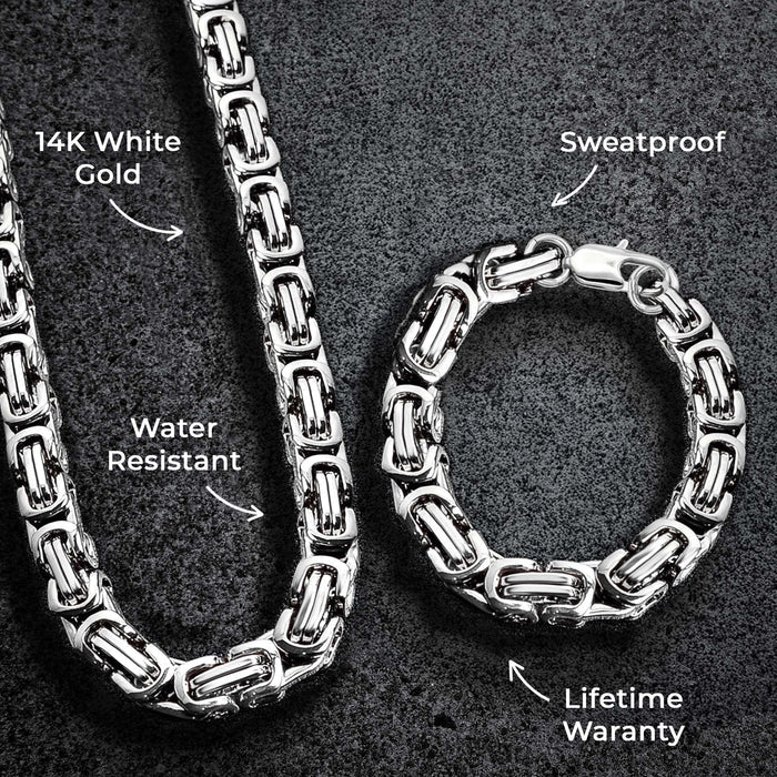 Mens Jewelry - Mens 14K White Gold Byzantine Chain & Bracelet