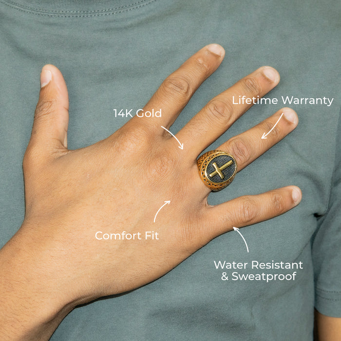Mens Jewelry - Oval Cross Gold Pinky Ring | 17 Grams