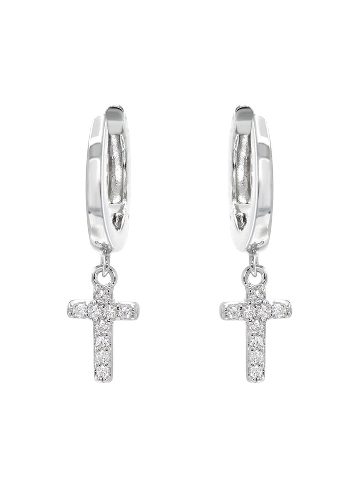 Mens Jewelry - Silver Iced Out VVS Hoop Cross Earring for Men | Appx. 2 Grams