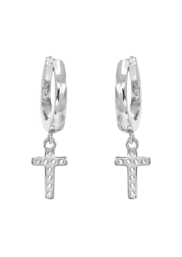 Mens Jewelry - Silver Iced Out VVS Hoop Cross Earring for Men | Appx. 2 Grams