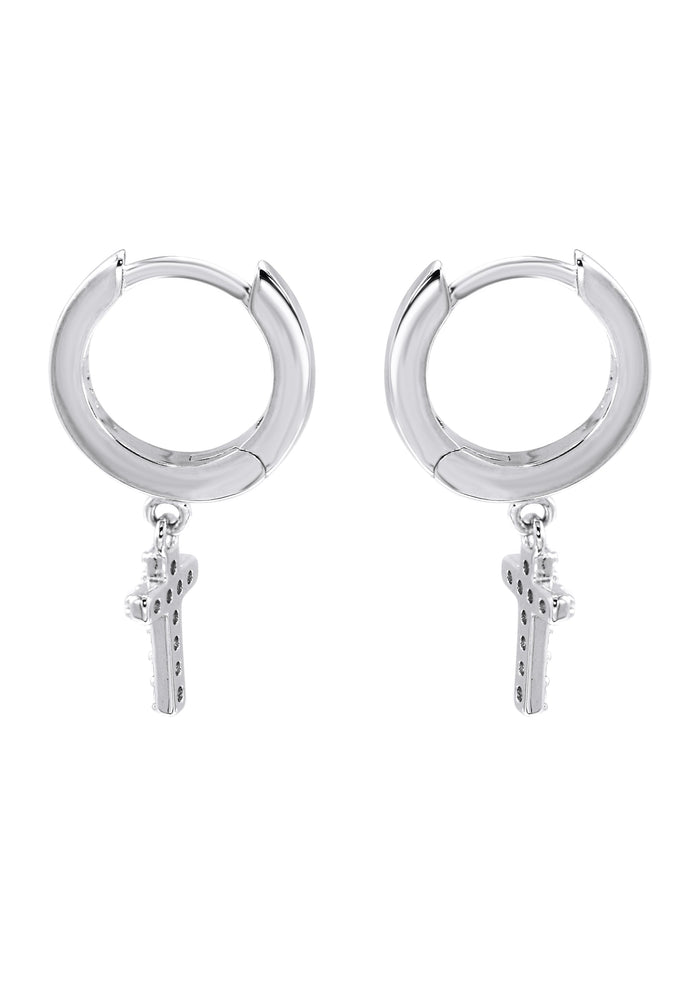 Mens Jewelry - Silver Iced Out VVS Hoop Cross Earring for Men | Appx. 2 Grams