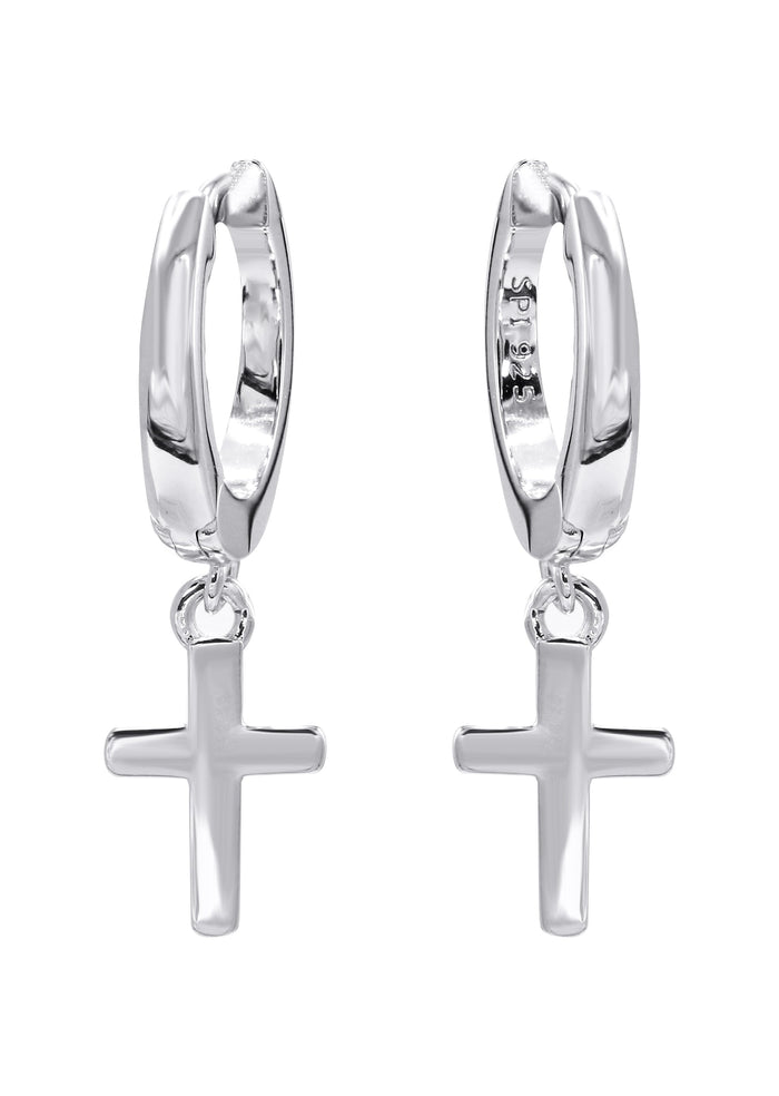 Mens Jewelry - Silver Iced Out VVS Hoop Cross Earrings for Men | Appx. 2 Grams